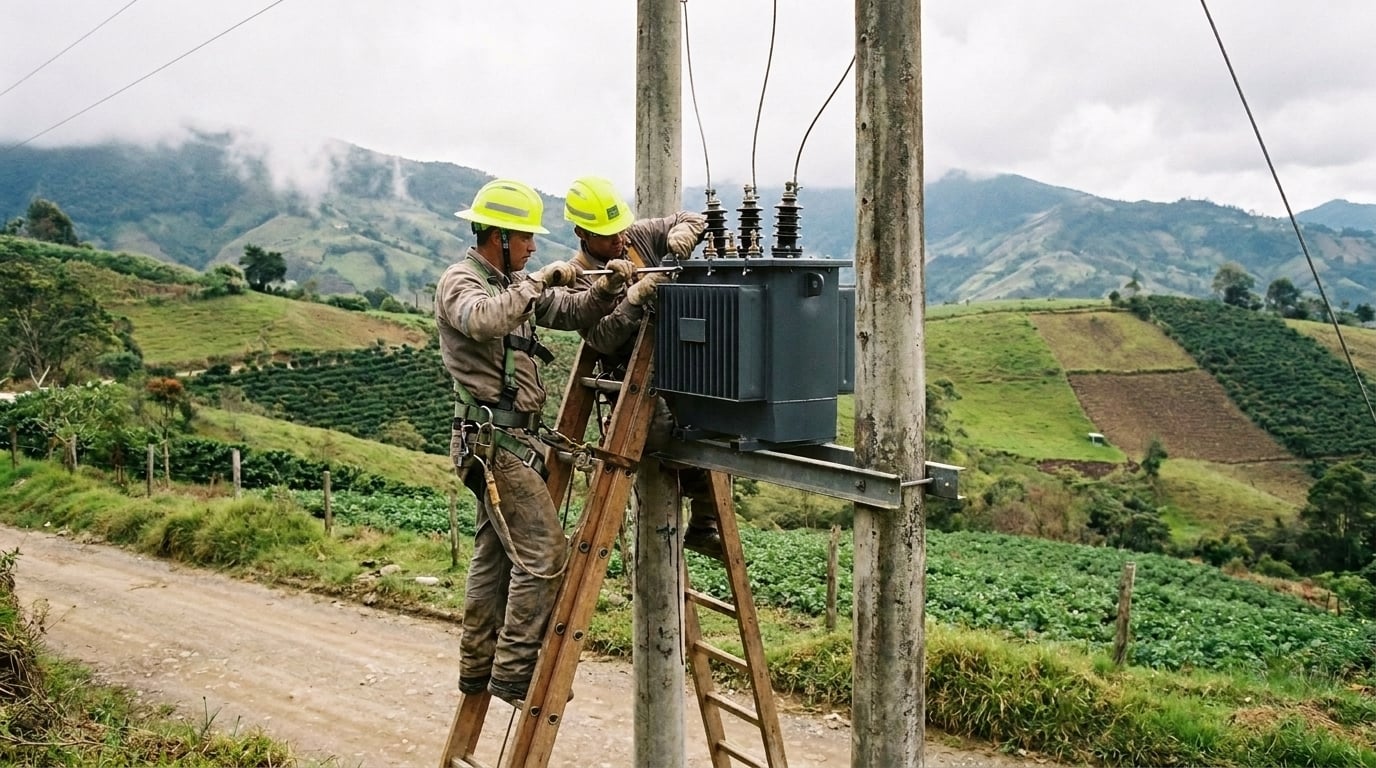 Linieros instalando un transformador de poste en una red eléctrica rural en las montañas de Colombia