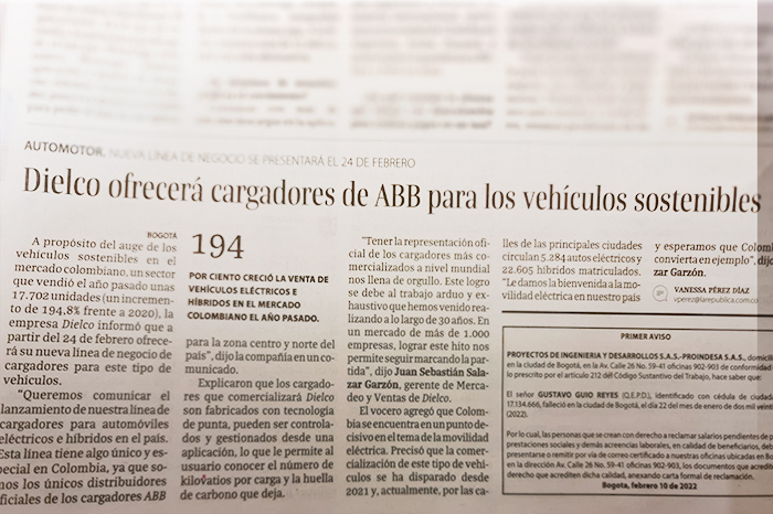 Diario La República: cargadores ABB para carros híbridos y eléctricos
